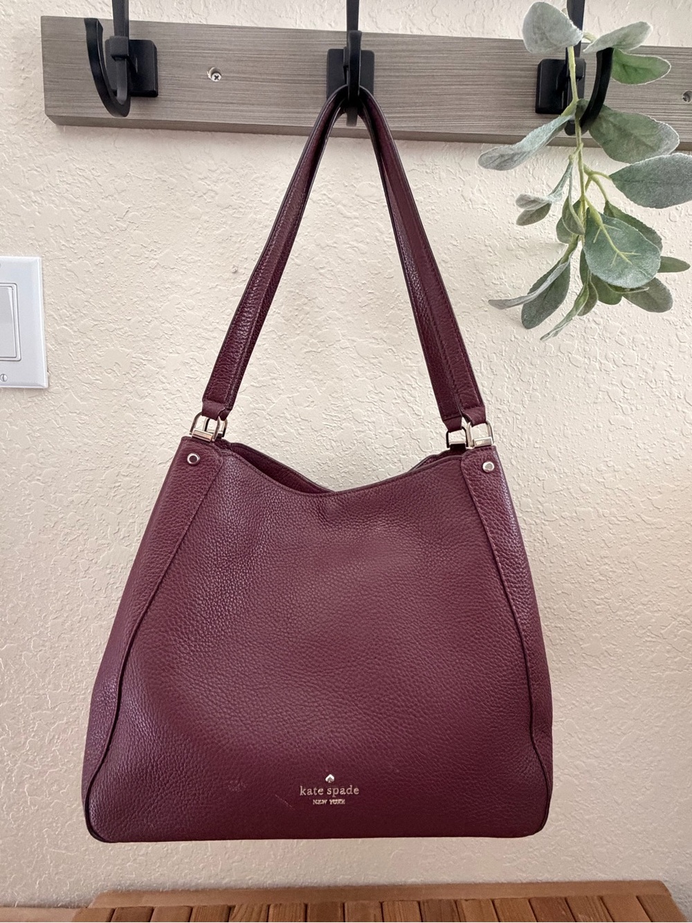Kate Spade Pebbled Leather Shoulder Tote in Burgundy Wine